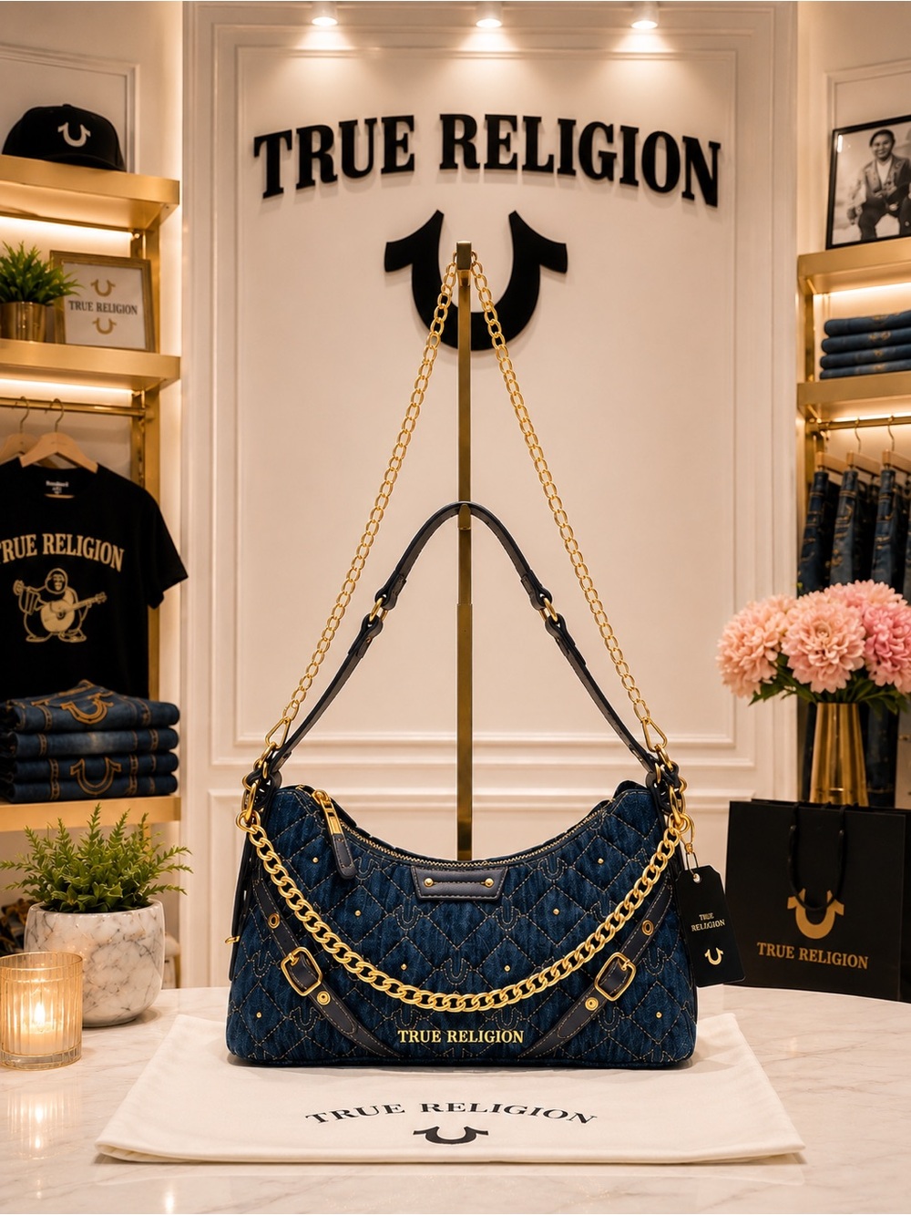 True Religion Studded Denim Chain Shoulder Bag with Free Chain Strap & Dust Bag.